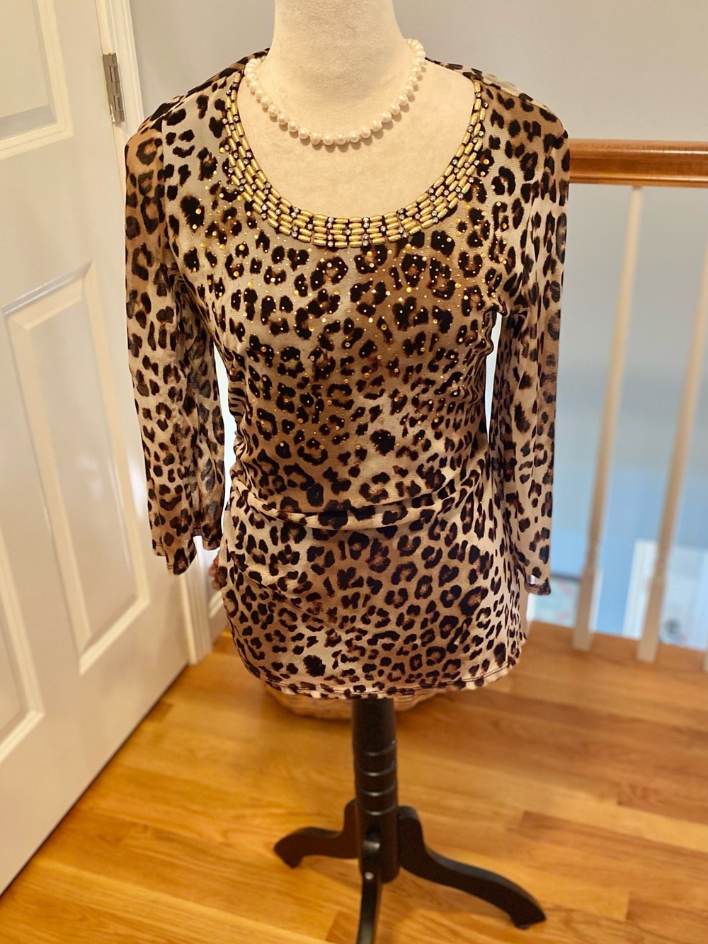 Alfani Leopard Print Beaded Scoop Neck 3/4 Sleeve Top - Brown/Tan/Black